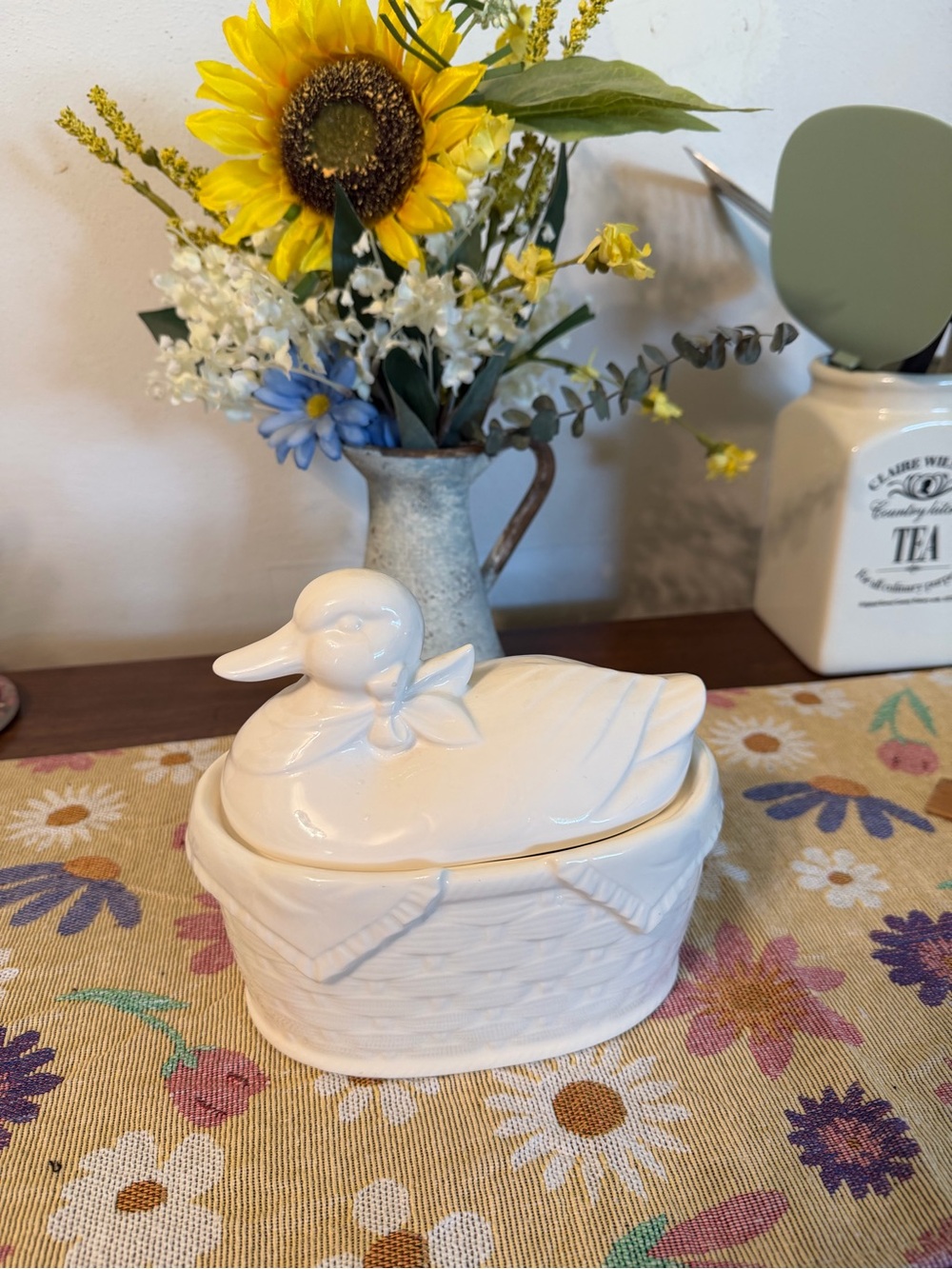 Vintage White Ceramic Duck Basket Dish With Lid Made in Japan Cottagecore Decor